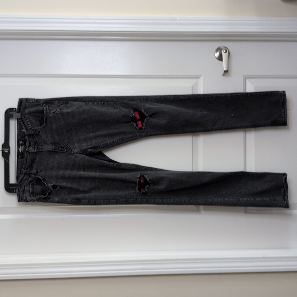 Hollister Stacked Skinny Jeans Black Distressed Red Plaid Knees 34x36 - Picture 4 of 12